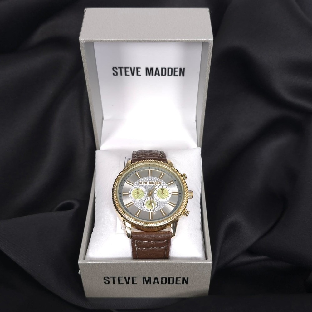 STEVE‎ MADDEN New Men Watch Casual Brown Leather Gold ChRonograph SM-9192SVBN